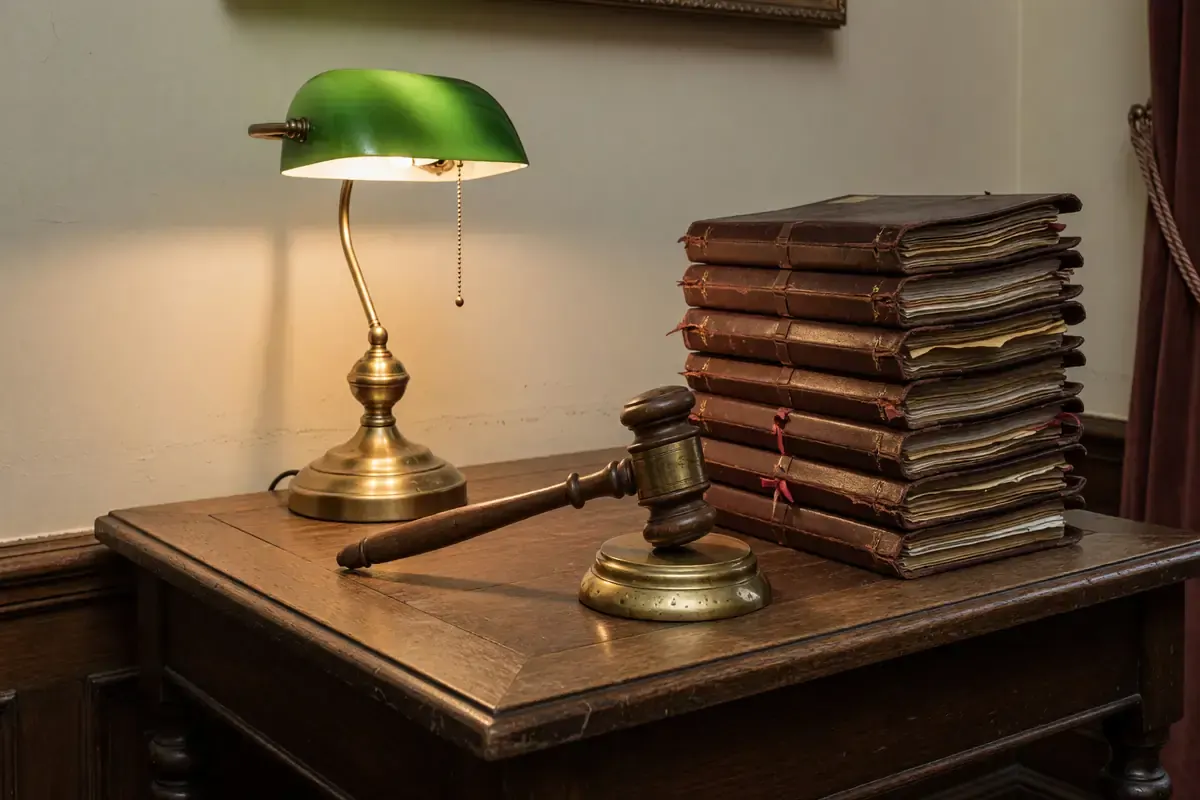Auction room with brass gavel
