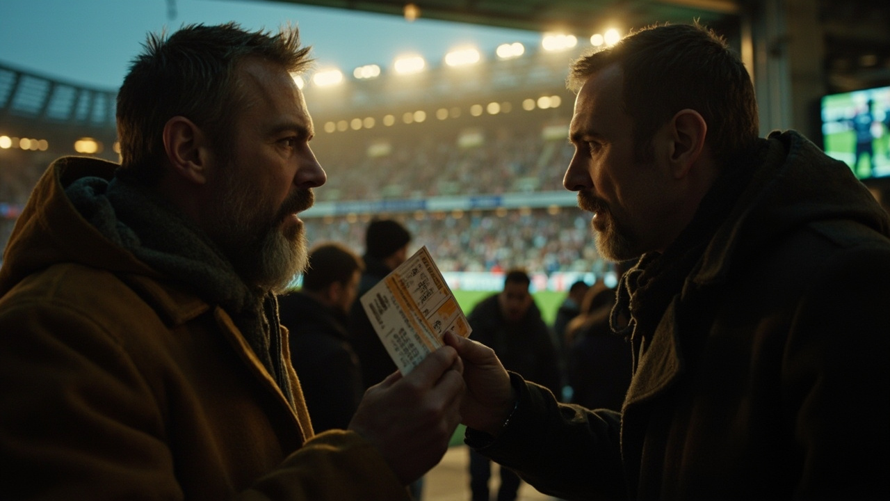 Two football supporters meeting in a stadium concourse at dusk, one extending a paper match ticket to the other