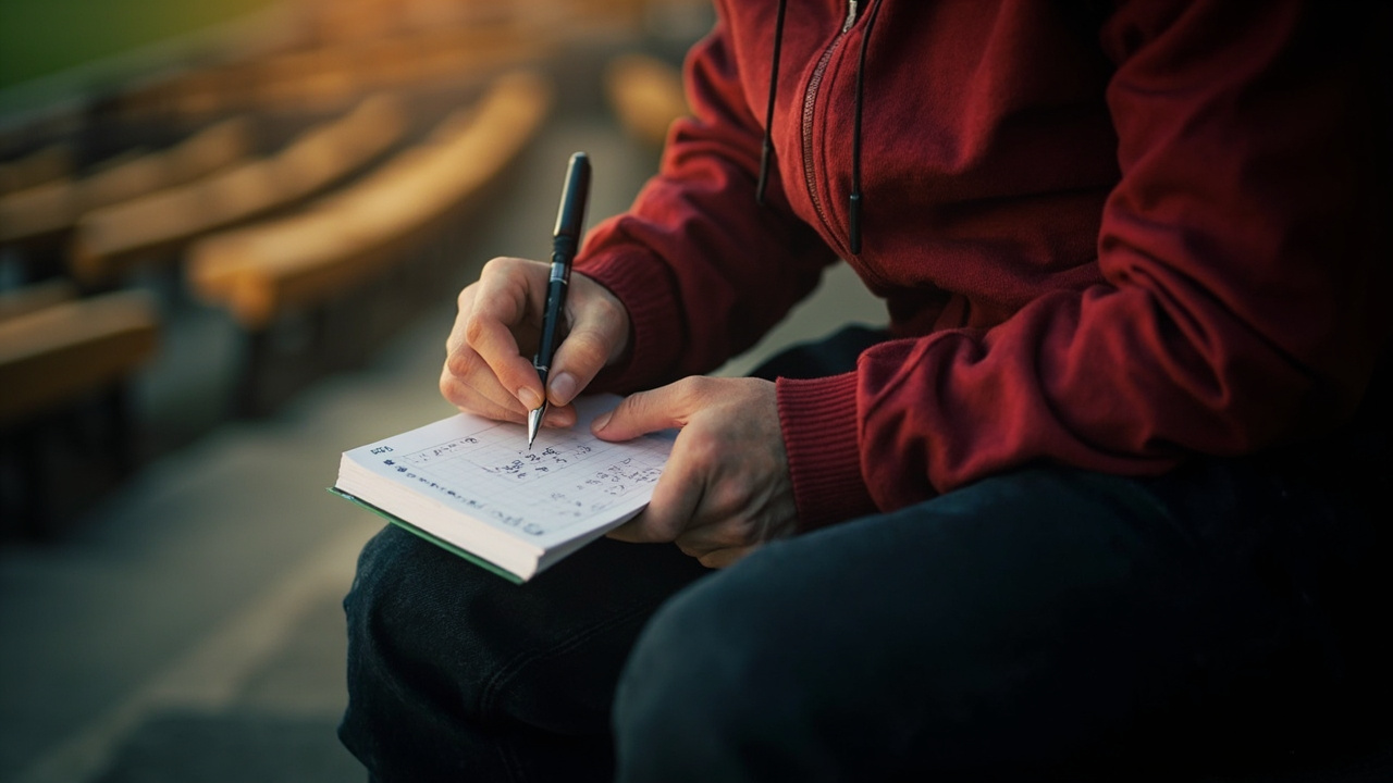 Supporter writing in a small tactics notebook with a pen on a stadium step in the evening side light