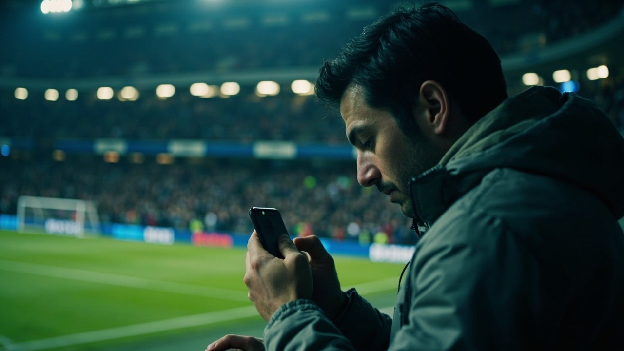 Single supporter at the touchline barrier reading a smartphone screen intently under stadium floodlight