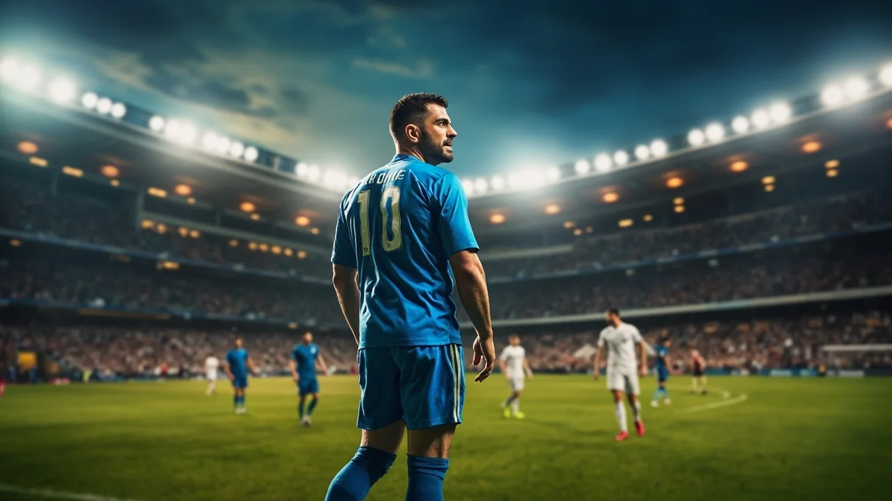 Wide view of a football stadium at dusk with the pitch under floodlights before kickoff