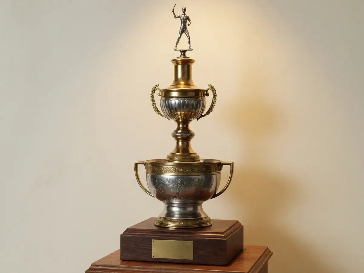 Three-tier brass and silver sports trophy on a wooden plinth