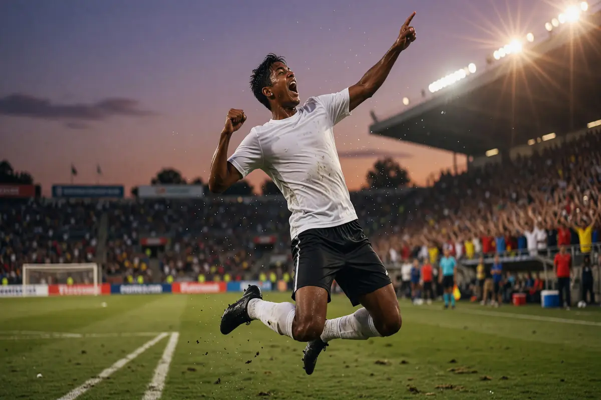 Football striker in mid-celebration