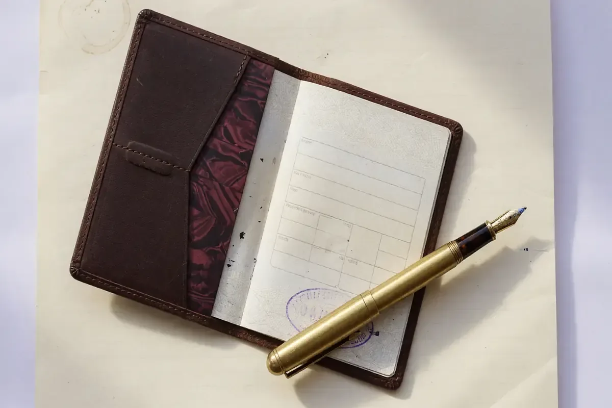 Open passport and brass fountain pen